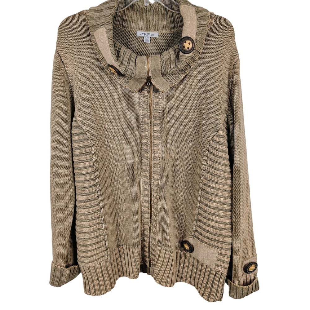 PBJ Blues Womens XL Full Zip Cardigan Taupe Ramie Cotton Gorpcore Granola Girl